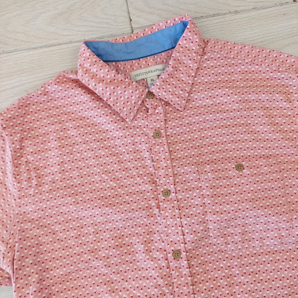 Tricots St Raphael Shirt Mens XL Button Up Pink Geometric Linen‎ Blend S/S